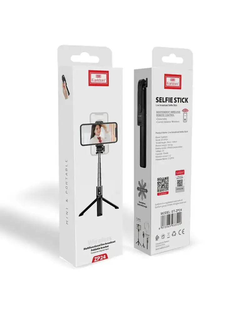 trepied-pour-smartphone-zp24-earldom Perche à Selfie Earldom ZP24 avec Trépied Intégré et Télécommande Bluetooth Détachable – Support Smartphone Extensible – Image 2